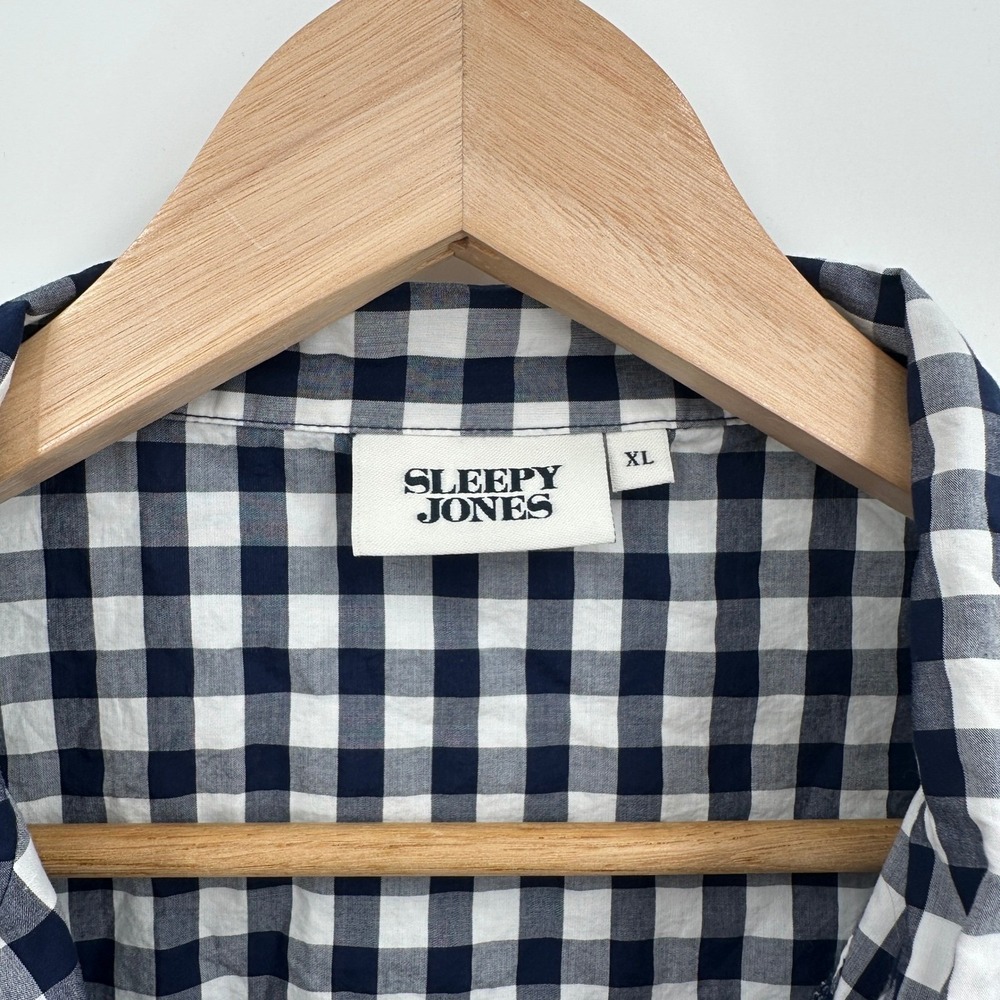 Sleepy Jones Marina Pajama‎ Shirt Navy White Gingham Cotton Button Up Womens XL - Picture 5 of 7